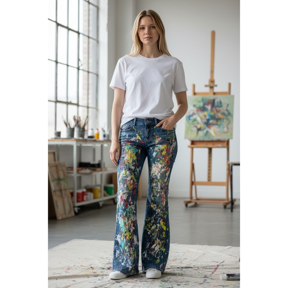 American Eagle Artist Flare Jeans Blue Paint Splatter Super Stretch Womens 8S